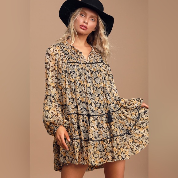 Free People Dresses & Skirts - Free People Floral Mini Dress in Tan and Black